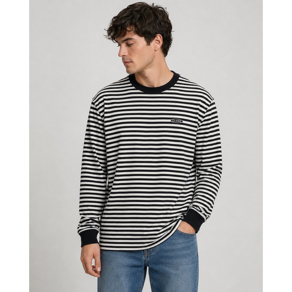 Vintage Guess Mens Striped Long Sleeve Shirt Black White Logo 85345ELB M